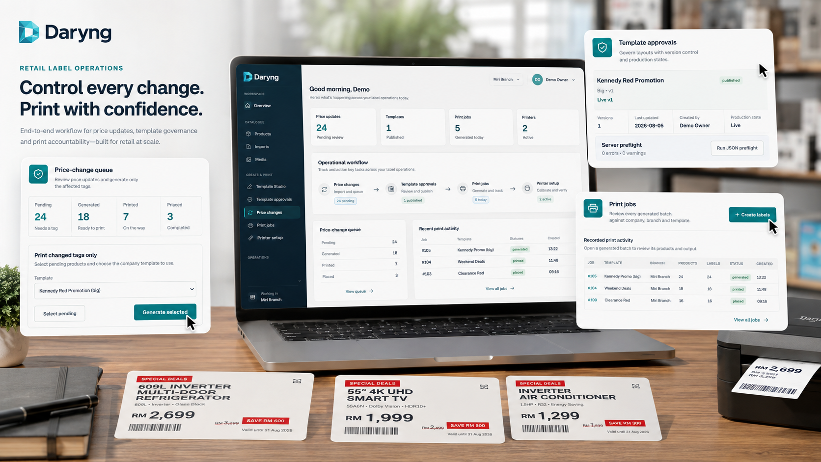 Daryng price-change operations and print jobs displayed on a laptop