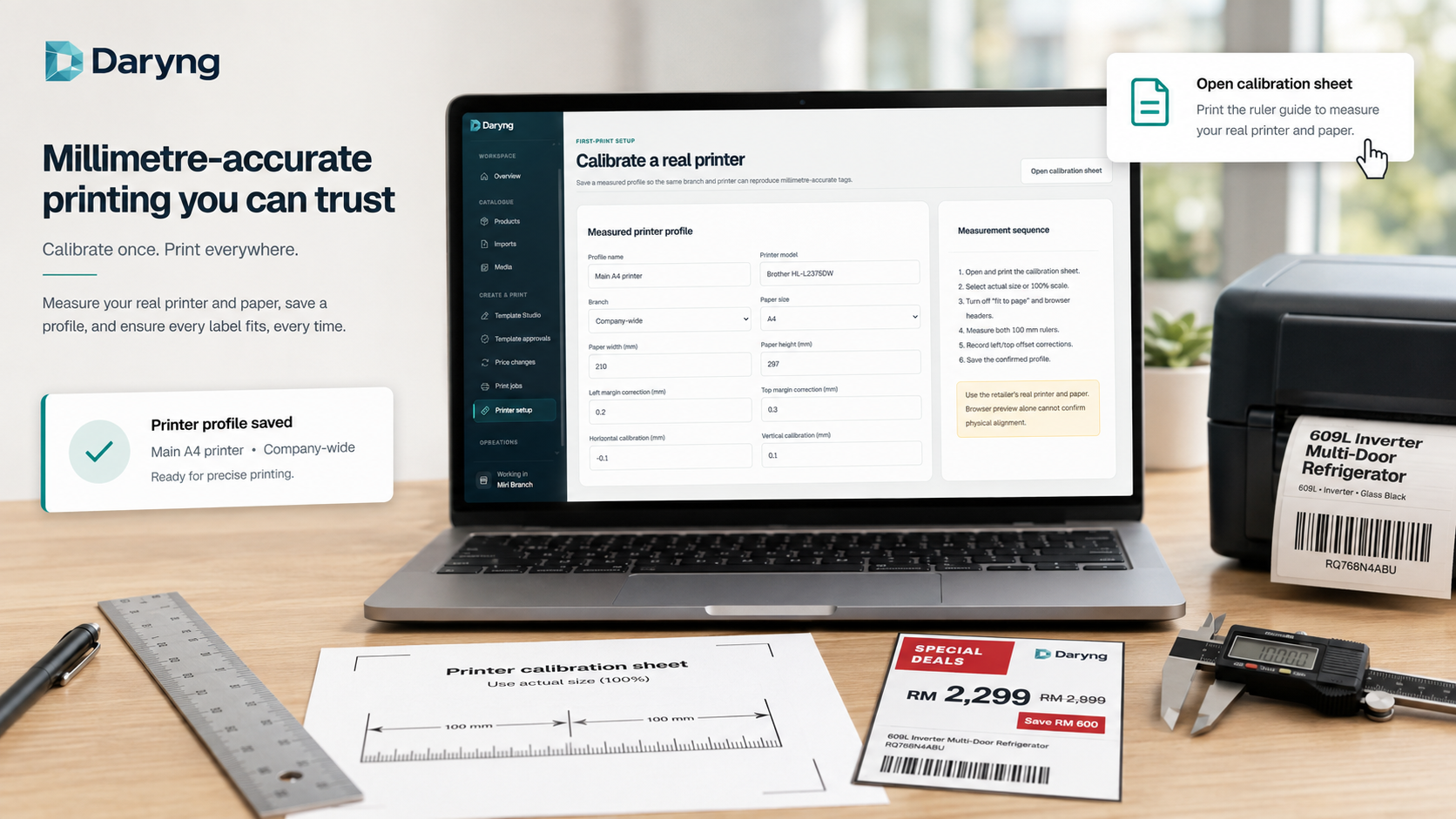 Daryng printer calibration workflow with a real printer and calibration sheet