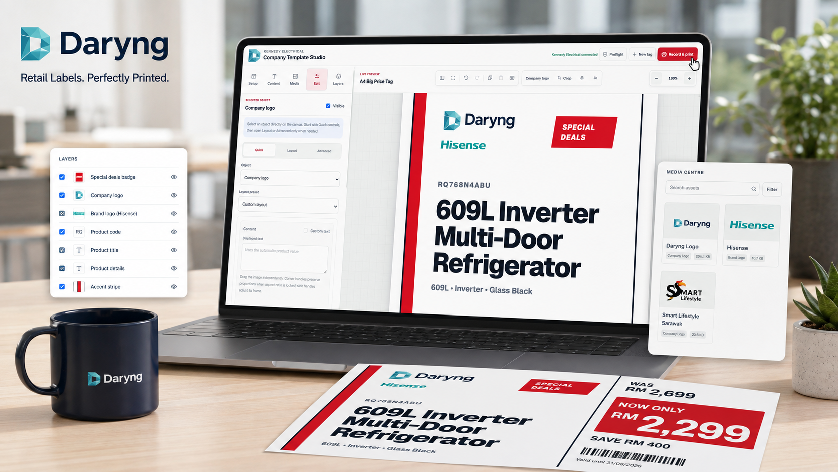 Daryng template studio interface editing a retail price label